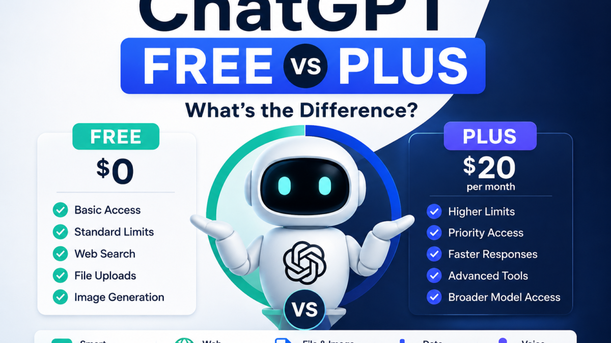 ChatGPT Free vs ChatGPT Plus comparison showing $0 Free plan and $20 per month Plus plan with key features.