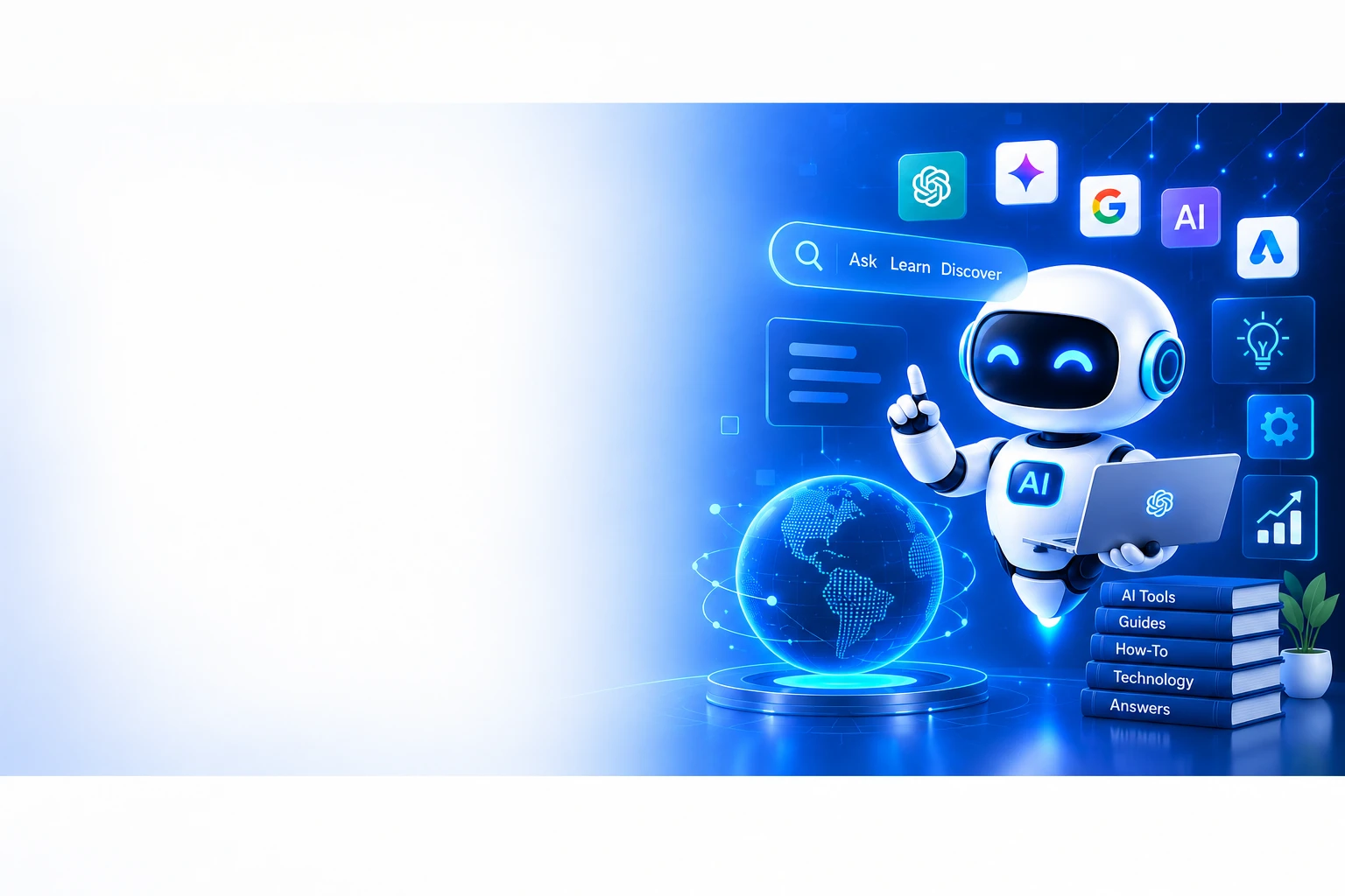 AI robot assistant with search, learn, and discover icons for FAQs Now homepage hero