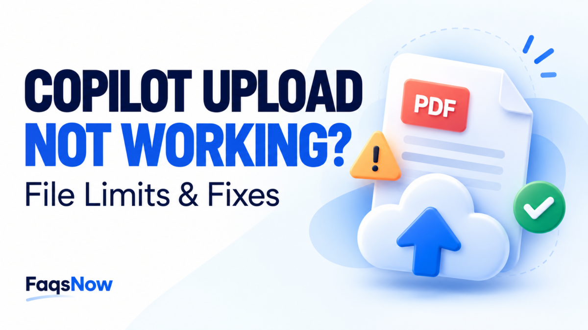 Copilot upload not working: PDF document, upload arrow, warning symbol and check mark.