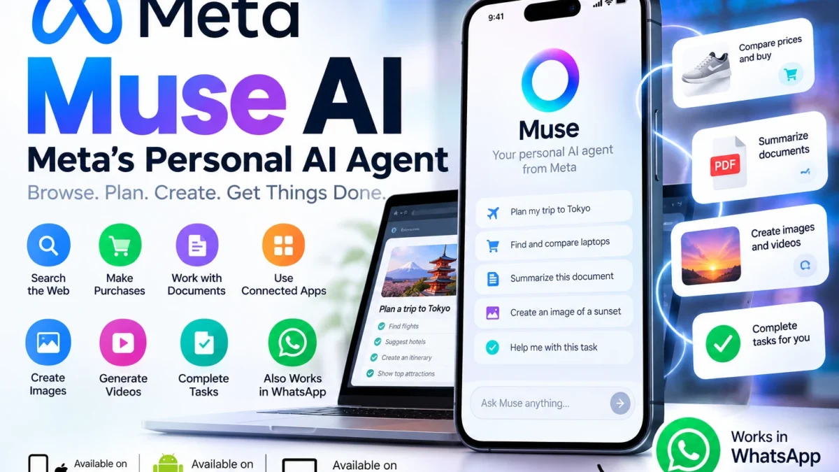 Meta Muse AI personal agent infographic showing web search, shopping, documents, image creation and WhatsApp features